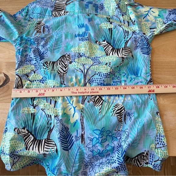 SOLD J MCLAUGHLIN LOIS SHIRT S BLUE GREEN GIRAFFE WHIMSY CASUAL COLORFUL STRETCH - Picture 9 of 12